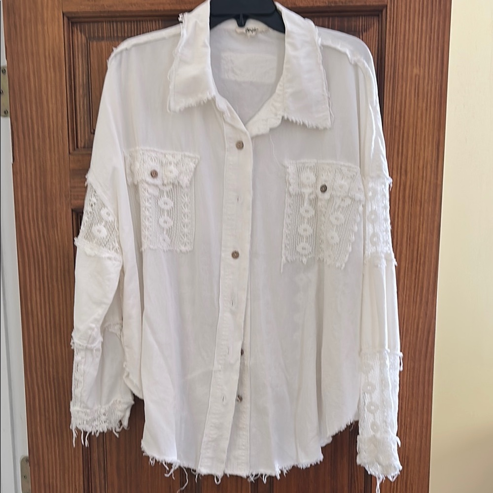 Blue Velvet oversized Boho White Lace-Trimmed Women's Boutique Top Size Large